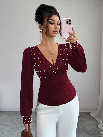 V-neck Pearl Solid Color Long Sleeve Fitted T-shirt – Elegant Women’s Top