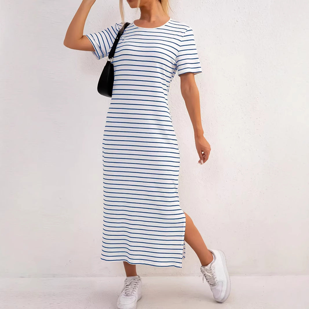 Women's Striped Floral Print Maxi Dress – Short Sleeve Casual Slit Dress