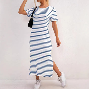 Women's Striped Floral Print Maxi Dress – Short Sleeve Casual Slit Dress