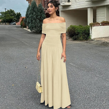 Elegant Off-Shoulder Slim-Fit Dress – Women's Solid Color Tube Top Waist-Tight Maxi Dress