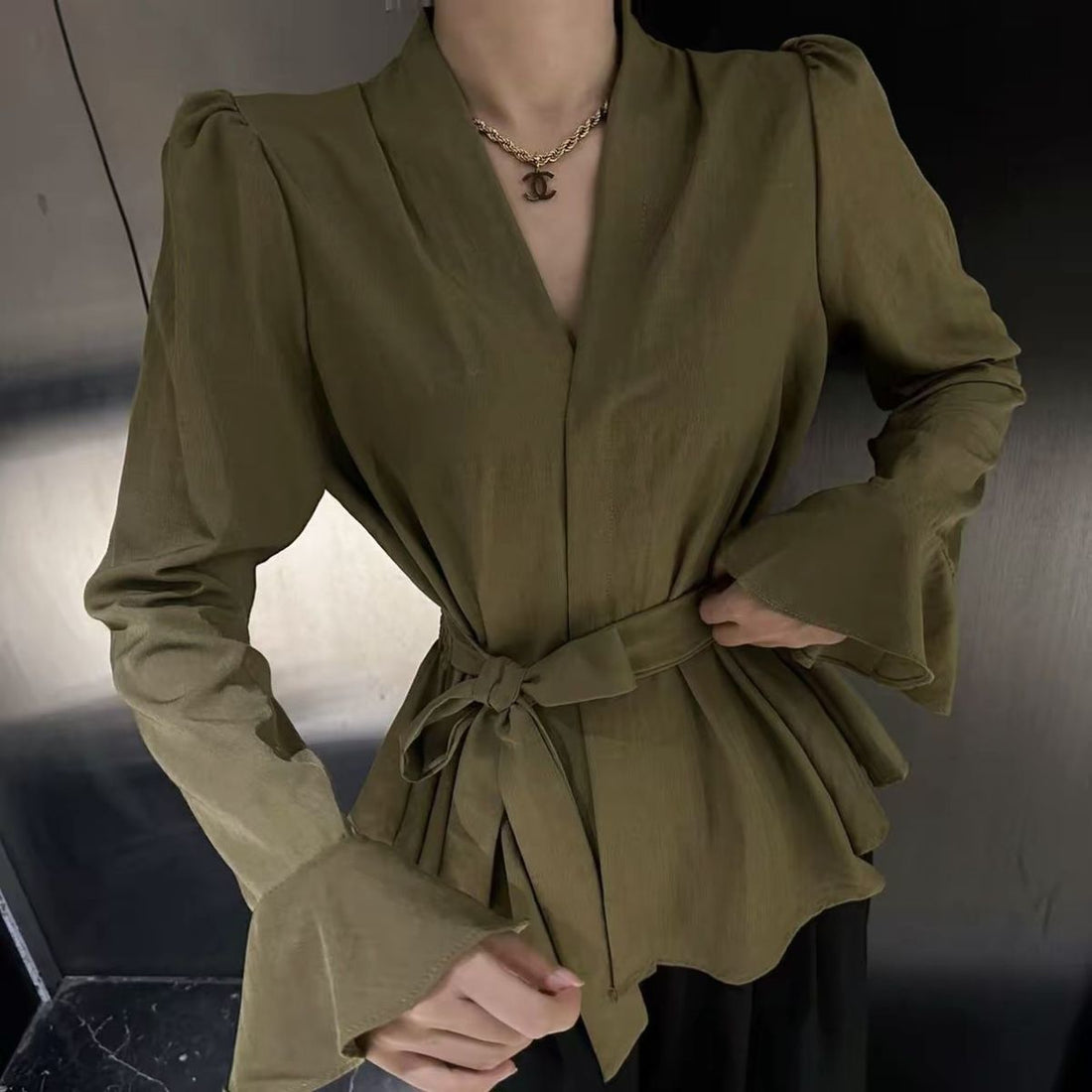 Women’s French-Style Tied Shirt – Irregular Collar with Bell Sleeves
