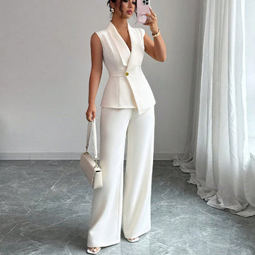 Women’s Solid Color Vest & Straight-Leg Trousers Suit – Effortless Elegance