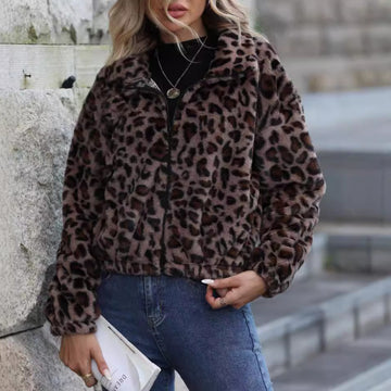 Women's Leopard Print Plush Coat – Loose Fit with Zipper Detail