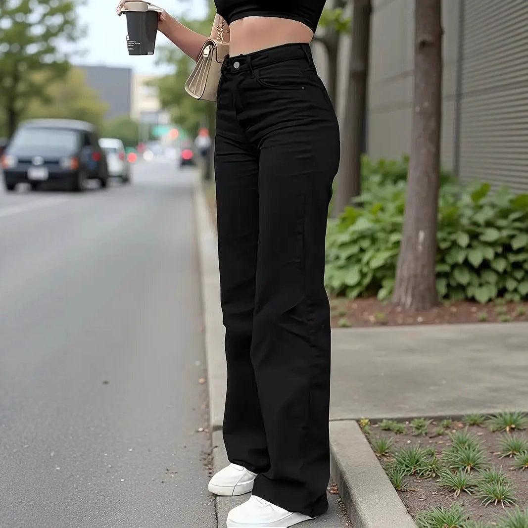 Women's Black Washed Straight-Leg Jeans – High-Waist Stretch Casual Trousers