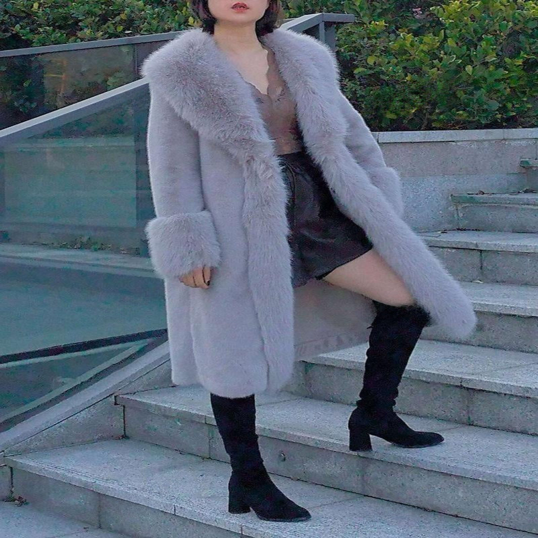 Women’s Faux Rabbit Fur Mid-Length Coat – Cozy Elegance with Modern Charm