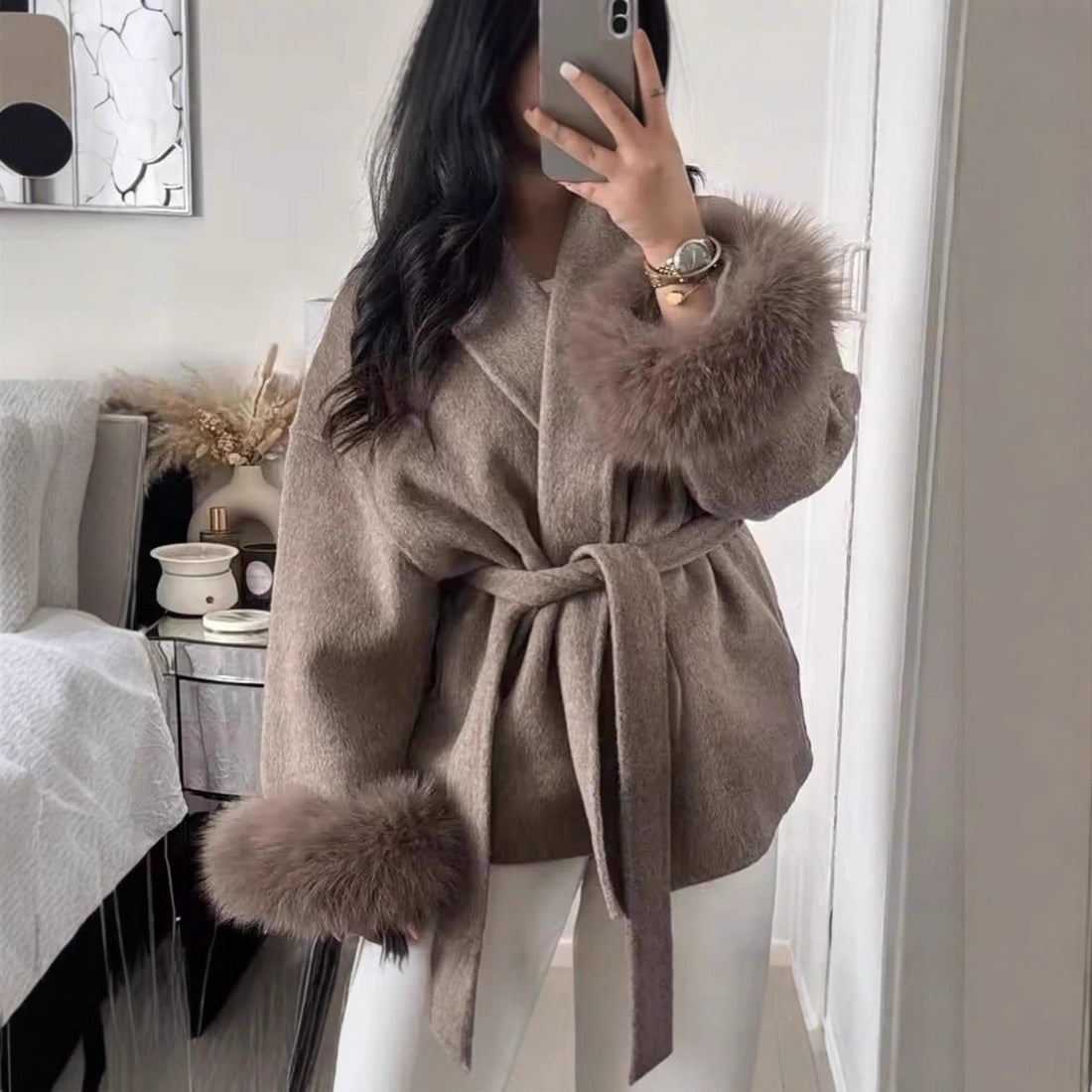 Women’s Fur V-Neck Lace-Up Woolen Coat – French Elegance