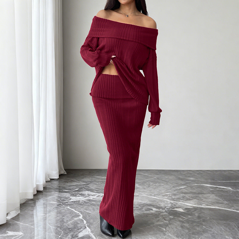Women's Off-Shoulder Knitted Two-Piece Set – Wine Red Top & Long Skirt