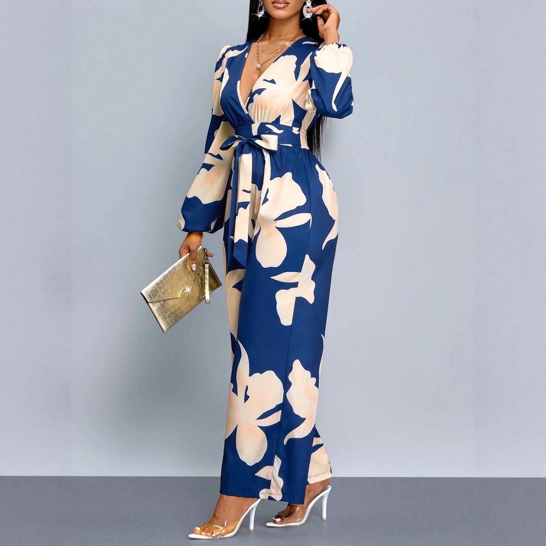 Women's Floral Print Long Sleeve Jumpsuit – Elegant Lantern Sleeve One-Piece Suit