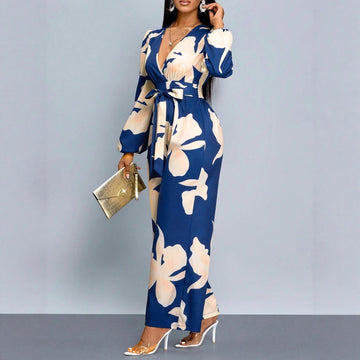 Women's Floral Print Long Sleeve Jumpsuit – Elegant Lantern Sleeve One-Piece Suit