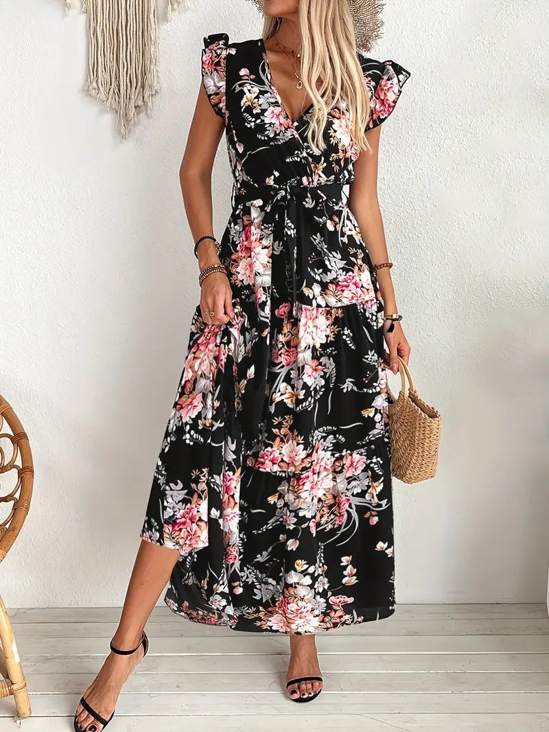 Fashion Floral Dress for Women – Elegant Black Polyester Outfit