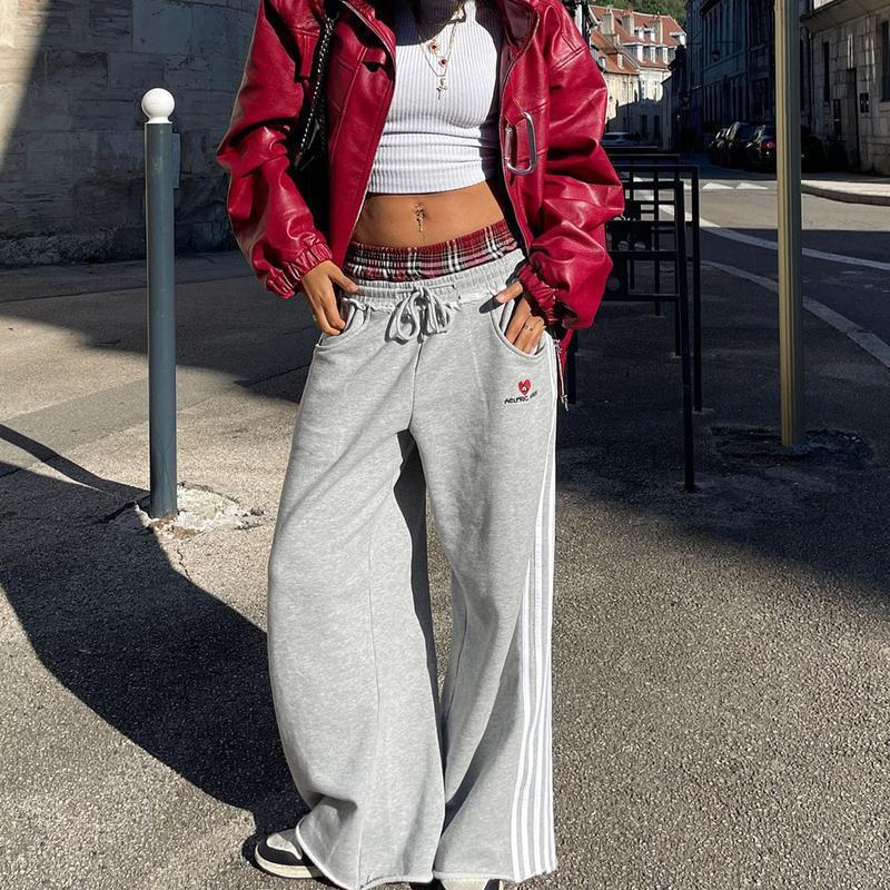 Casual Side Three-Bar Plaid Sweatpants – Loose Wide-Leg Streetwear
