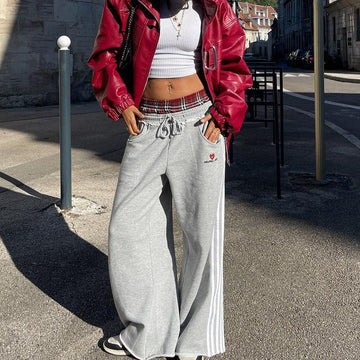 Casual Side Three-Bar Plaid Sweatpants – Loose Wide-Leg Streetwear