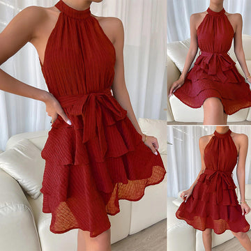 Women’s Halterneck Sleeveless Ruffle Dress – Elegant Short Summer Style