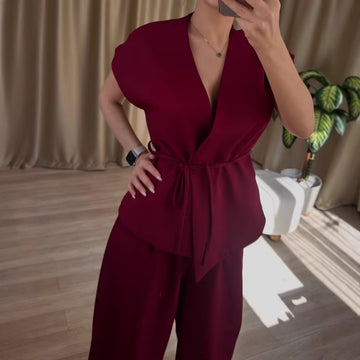 Elegant Lace-Up Cardigan & Wide-Leg Pants Set – Modern European Street Chic