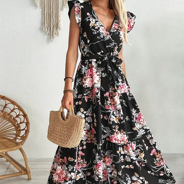 Fashion Floral Dress for Women – Elegant Black Polyester Outfit